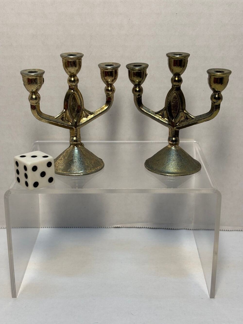 Vintage Pair Of Miniature Brass Metal 3 Arm Candelabra Dollhouse Decor